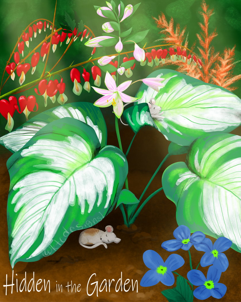 Two mice are found napping in the shade garden. One under the Hosta's while another stretches and wakes up on top of the leaves. Bleeding Heart and Astilbe are featured in the background with sunbeams breaking through the leaves.
