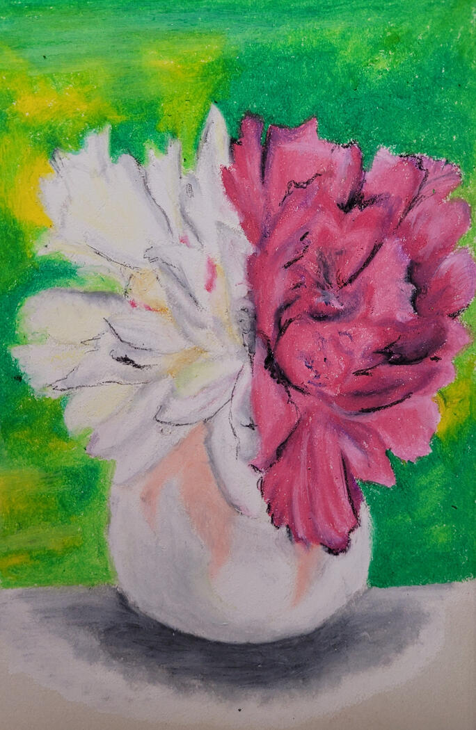 Oil pastel still-life of pink and white peony blossoms side by side in a vase.