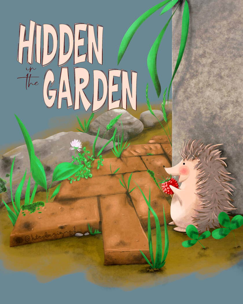 A hedgehog munches on a red raspberry by an overgrown, forgotten brick path.