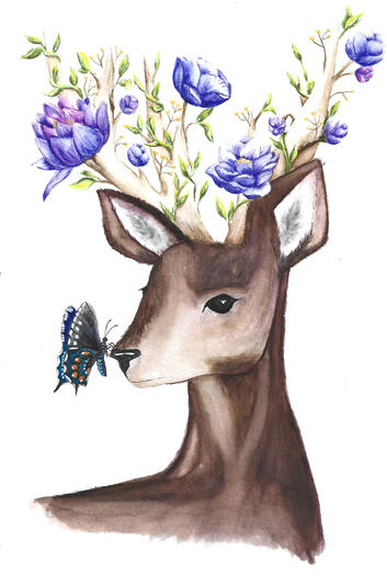 Floral Deer Antlers with Butterfly Watercolor Painting