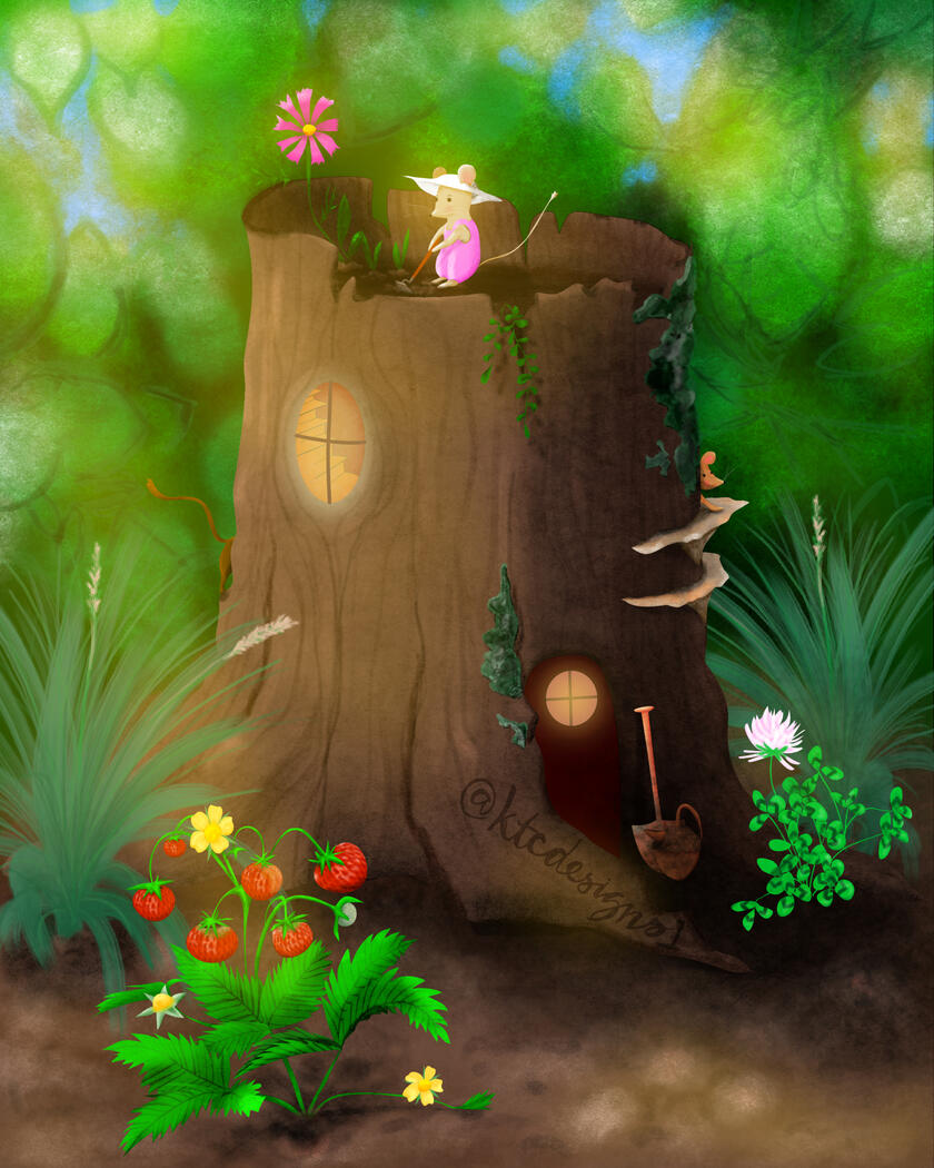 Mouse in overalls gardening atop an old stump mouse home with two additional mice playing hide & seek