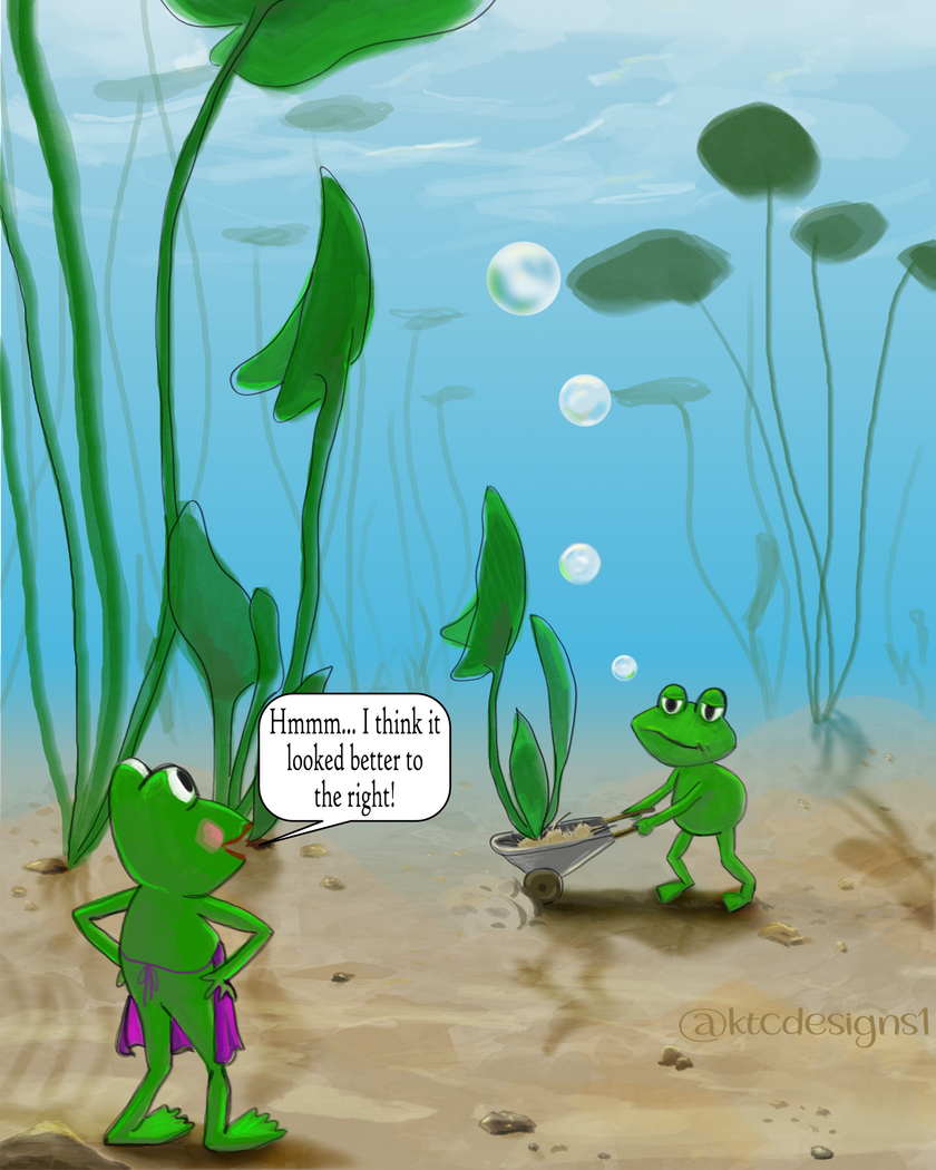 Husband & wife frog team transplant their water lilies; the wife directing that it looked better to the right while the exasperated husband pushes the wheelbarrow of plants under water.