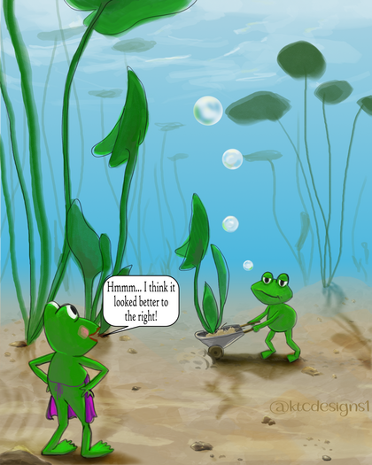 Husband & wife frog team transplant their water lilies; the wife directing that it looked better to the right while the exasperated husband pushes the wheelbarrow of plants under water.