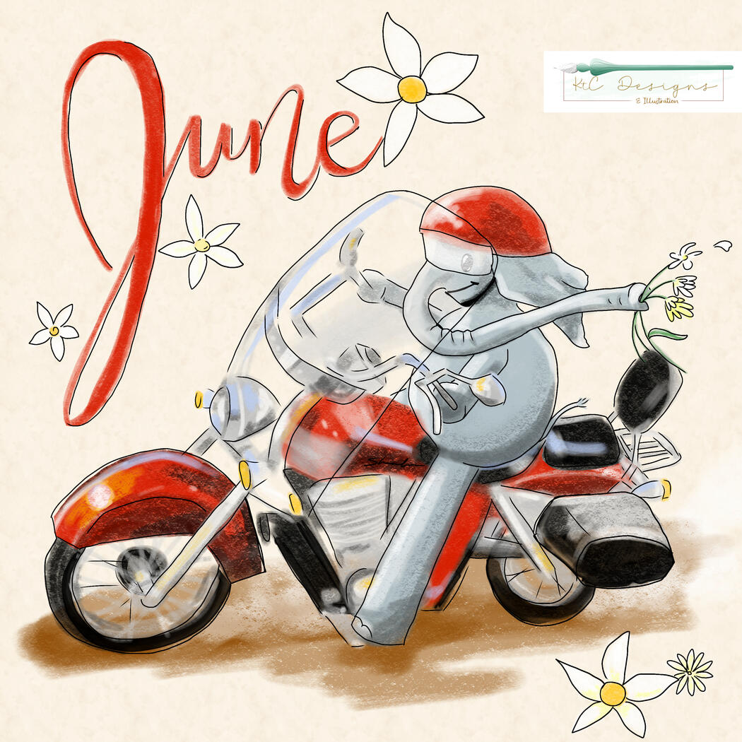 Elephant Escapades - Beau on Motorcycle with Daisies