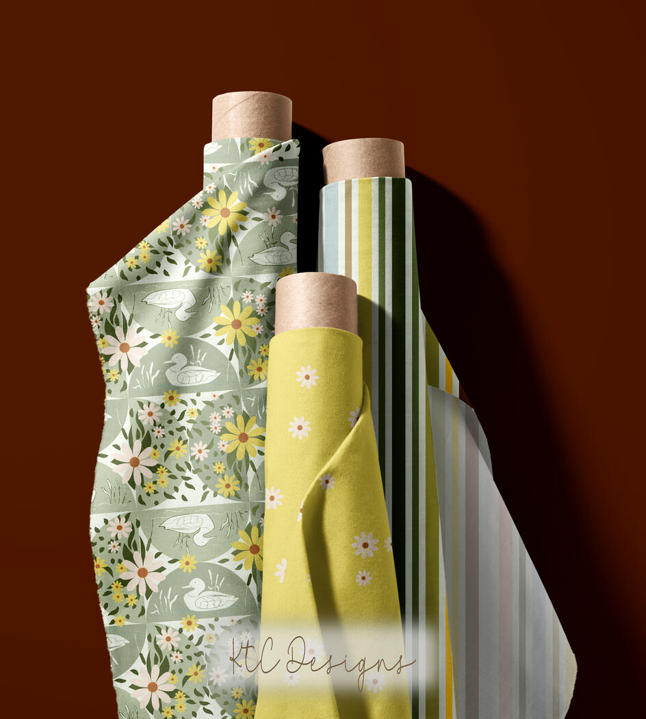 Fabric Rolls Featuring Tossed Daisy Motif, Ducks &amp; Daisies on Semi-Circles, Multicolor Stripe from Vintage Thrift Store Finds Collection