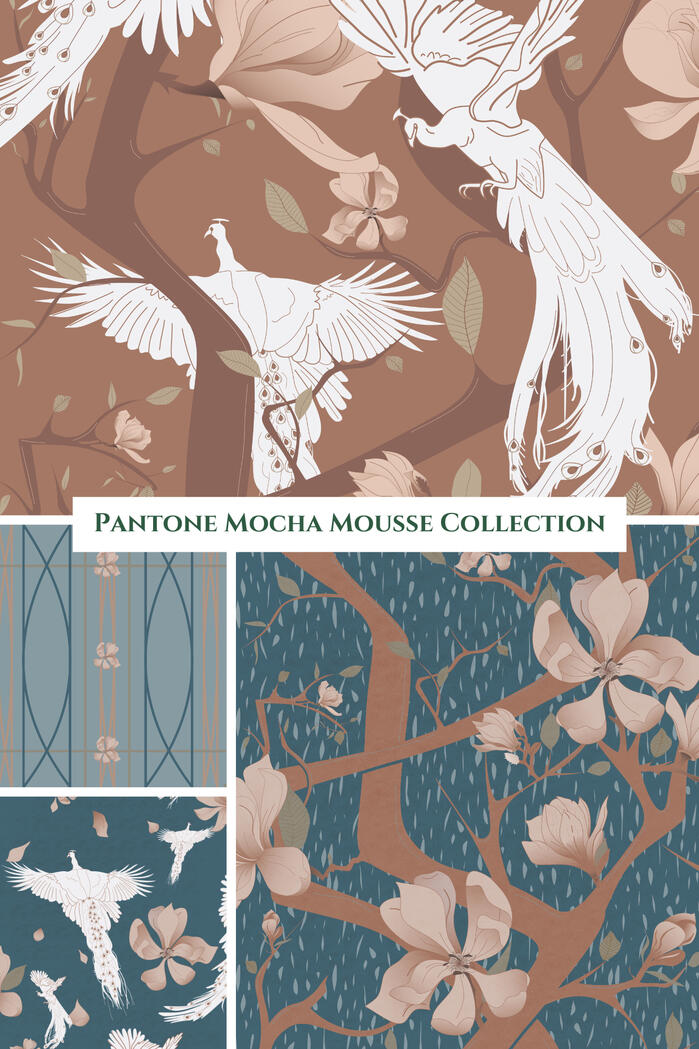 Collection featuring Mocha Mousse color palette in florals, stripes & more.
