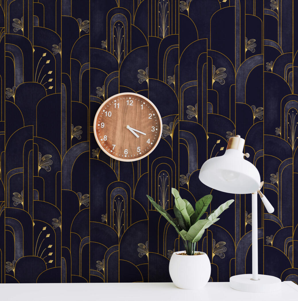 Art Deco - Bees Knees Midnight Blue Art Deco Fountain Columns Gilded Motif