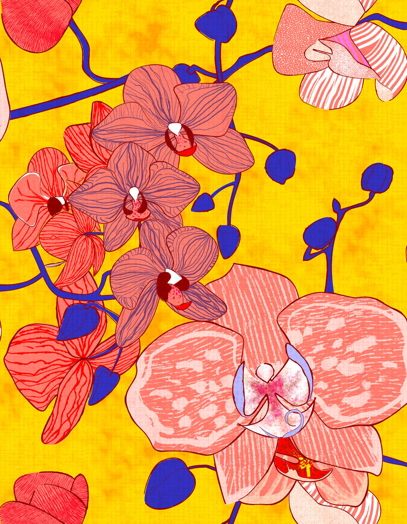 Vibrant orange & cream textured orchids with blue stems on a vibrant yellow background