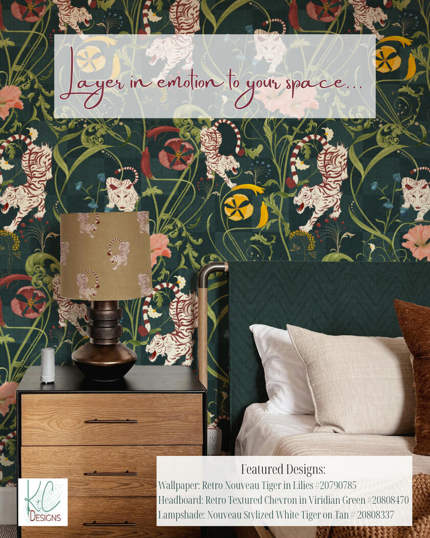 Retro Nouveau Tiger in Lilies - Featured in bedroom mockup with two supporting coordinates