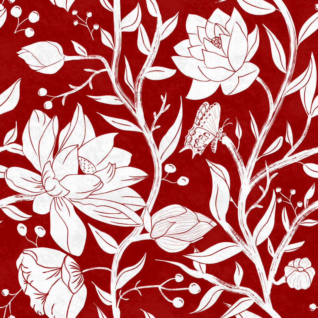 Lotus Dance Vining Flowers Buds Leaves Monotone Line Drawing on Cherry Red