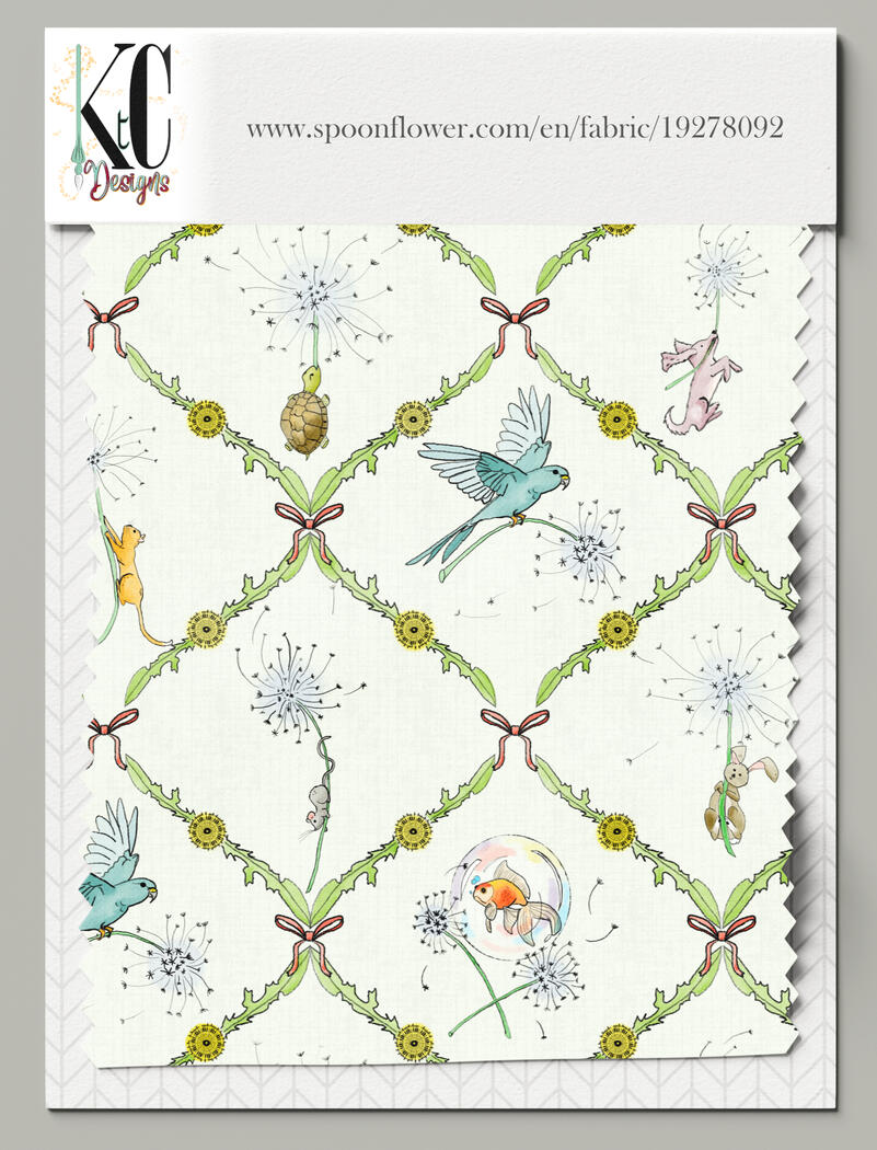 Hand-drawn classic pets flying on dandelion seeds including cat, dog, goldfish, turtle, rabbit, mouse & parakeet among a dandelion leaf lattice with coquette bows in a vintage color palette