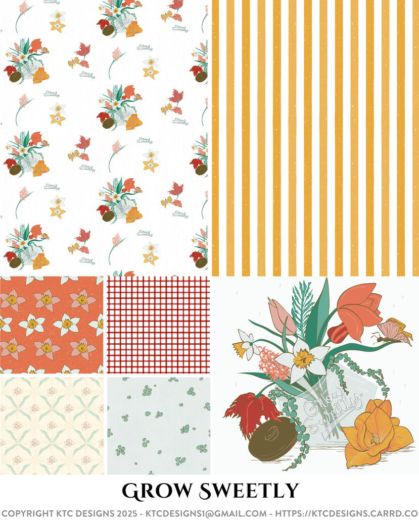 Nursery inspired pattern with central image of spring florals blooming in a cookie jar with the phrase "grow sweetly" along with coordinating patterns